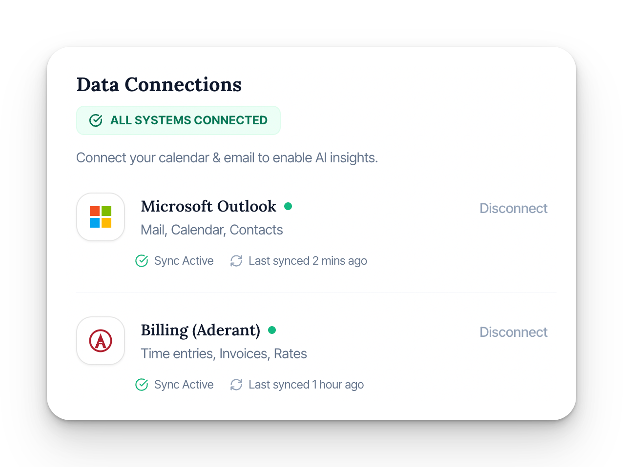 Sedra Settings — data connections with green status indicators